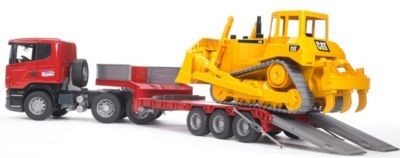 Bruder BRUDER 03555  Scania Tieflader mit CAT-Bulldozer BRUDER 03555 Низкорамная платформа Scania с бульдозером CAT