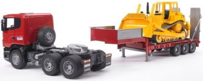 Bruder BRUDER 03555  Scania Tieflader mit CAT-Bulldozer BRUDER 03555 Низкорамная платформа Scania с бульдозером CAT