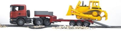 Bruder BRUDER 03555  Scania Tieflader mit CAT-Bulldozer BRUDER 03555 Низкорамная платформа Scania с бульдозером CAT