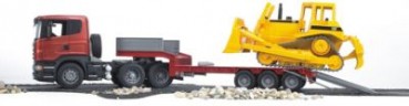 Bruder BRUDER 03555  Scania Tieflader mit CAT-Bulldozer BRUDER 03555 Низкорамная платформа Scania с бульдозером CAT