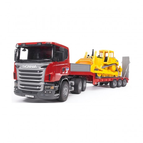 Bruder BRUDER 03555  Scania Tieflader mit CAT-Bulldozer BRUDER 03555 Низкорамная платформа Scania с бульдозером CAT