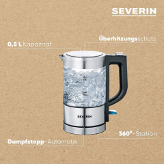 Severin Severin Wasserkocher SEVERIN Mini Glas Wasserkocher 0,5L, Edelstahl-geburstet, max. 1100 W, schwarz, WK 3499  Чайник Severin Стеклянный мини-чайник SEVERIN 0,5 л, матовая нержавеющая сталь, макс. 1100 Вт, черный, WK 3499