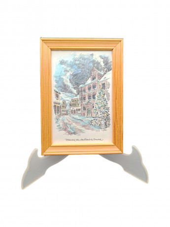 Картина винтажная "Зимний вечер у старой Ратуши в Гернсбахе", в раме, 17 х 12 см, Германия, 1980-90гг.