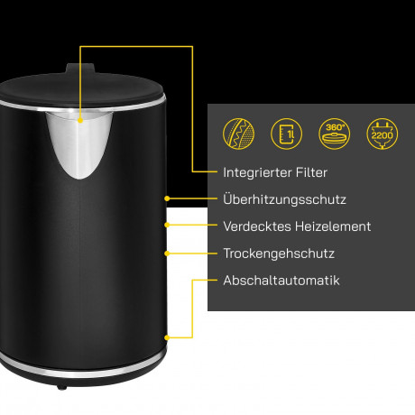 Gutfels Gutfels Wasserkocher WATER 2020, 2200 W, Doppelwandig, 1 Liter Fullvolumen, 360° Sockel, integrierter Filter  Чайник Gutfels WATER 2020, 2200 Вт, с двойными стенками, полный объем 1 литр, основание 360°, встроенный фильтр