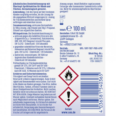 SOS Desinfektionsspray Intense, 100 ml, SOS Дезинфицирующий спрей Intense, компактный формат, для рук и поверхностей, 100 мл