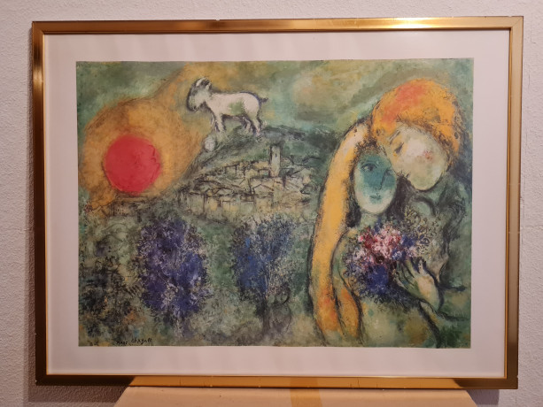 Картина-репродукция винтажная Марк Шагал "Влюбленные в Венеции (1957)", большой формат, в раме, 82.5 х 63 см, Германия, 1980-90гг.