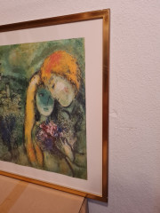 Картина-репродукция винтажная Марк Шагал &quot;Влюбленные в Венеции (1957)&quot;, большой формат, в раме, 82.5 х 63 см, Германия, 1980-90гг.