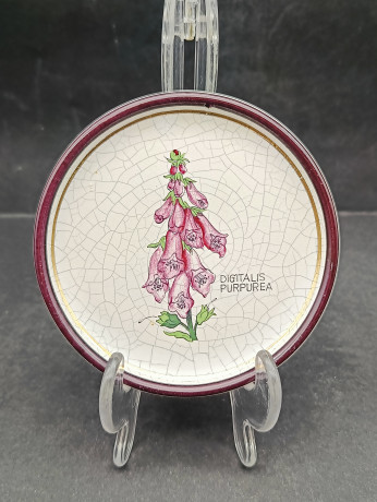 Набор декоративных винтажных тарелок Plantorgan с ботаническом декором "Carlina Acaulis, Digitalis Purperea", в стиле майолика, 3 шт., кракелюр, фарфор, 11 см, Германия, 1960-70гг.