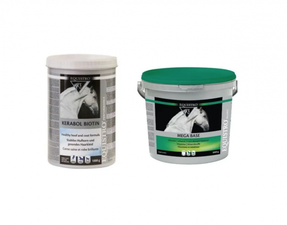 Equistro: Kerabol Biotin 1 кг + Mega Base 3 кг, Набор для лошадей: копыта, шерсть, витамины