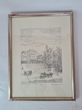 Картина в раме винтажная в черно-белых тонах "Старая площадь" Brukner Stuttgart, 31,5 x 42 см, Германия, 1960-70гг.