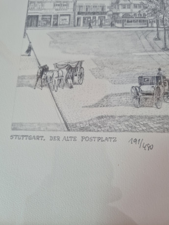 Картина в раме винтажная в черно-белых тонах "Старая площадь" Brukner Stuttgart, 31,5 x 42 см, Германия, 1960-70гг.