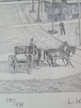 Картина в раме винтажная в черно-белых тонах "Старая площадь" Brukner Stuttgart, 31,5 x 42 см, Германия, 1960-70гг.