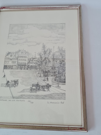 Картина в раме винтажная в черно-белых тонах "Старая площадь" Brukner Stuttgart, 31,5 x 42 см, Германия, 1960-70гг.