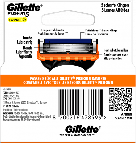 GILLETTE Rasierklingen, Fusion5 Power, 4 St, Джилетт Сменные кассеты Fusion5 Power для мужской бритвы, 4 шт.