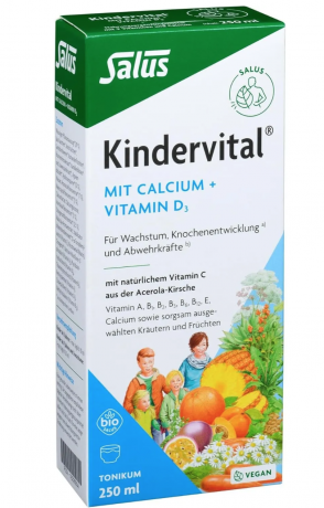 Salus Kindervital mit Calcium + Vitamin D3,  250 ml, Тоник для роста и иммунитета для детей с 3 лет, с кальцием, 9 витаминами, ацеролой, веган , 250 мл