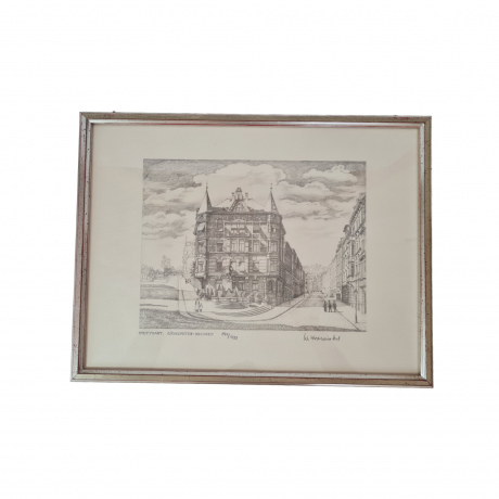 Картина в раме винтажная в черно-белых тонах "Фонтан" Brukner Stuttgart, 31,5 x 42 см, Германия, 1960-70гг.