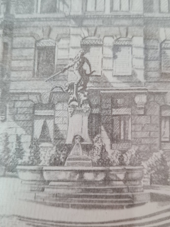 Картина в раме винтажная в черно-белых тонах "Фонтан" Brukner Stuttgart, 31,5 x 42 см, Германия, 1960-70гг.