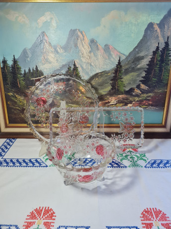 Блюда винтажные Walther Glas, набор из 3 штук, хрусталь, с декором из роз, 29 x 2 см,34 x 15 x 2 см, 21 x 10,5 см, Германия, 1960-70гг.