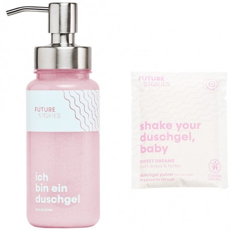 FUTURE STORIES Starterset Duschgel Pulver Kokos & Tonka inkl. Pumpspender  Стартовый набор геля для душа в виде порошка кокоса и бобов тонка, включая дозатор с помпой