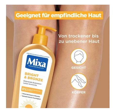 Mixa Bright & Bronze Bodylotion 250ml, Лосьон для тела с эффектом загара , постепенный загар и увлажнение кожи, ровный бронзовый оттенок без пятен, для чувствительной кожи, 250 мл