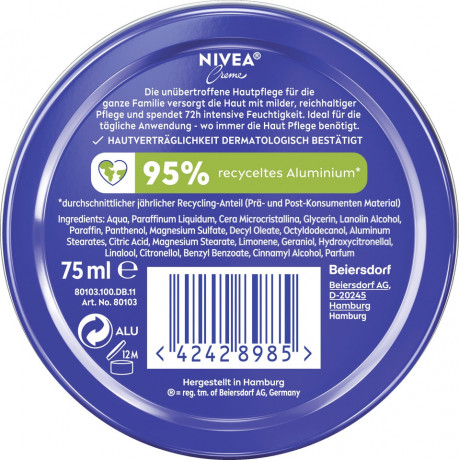 NIVEA Creme, 75 ml, Нивеа Классический крем в банке, пантенол и ланолин, глубокое питание, для всей семьи, 75 мл