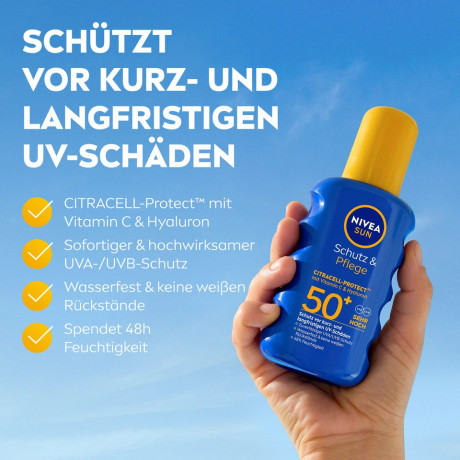 NIVEA SUN Sonnenspray Schutz & Pflege LSF 50+, 200 ml, Нивеа Солнцезащитный спрей, SPF 50+, водостойкий, увлажнение, 200 мл