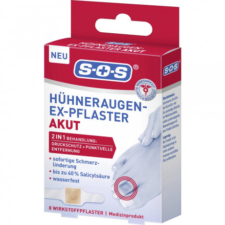 SOS Huhneraugen-Ex-Pflaster Akut, 8 Stuck, SOS Пластырь от мозолей с салициловой кислотой, быстрое размягчение, 8 шт.