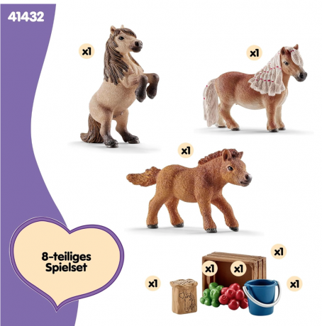 Schleich Horse Club  Mini Shetty Familie 41432, Игровой набор Семья мини шетти (Германия), 3 фигурки пони и аксессуары, 9 деталей, ручная роспись, от 5 лет