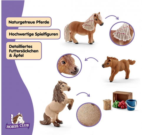 Schleich Horse Club  Mini Shetty Familie 41432, Игровой набор Семья мини шетти (Германия), 3 фигурки пони и аксессуары, 9 деталей, ручная роспись, от 5 лет