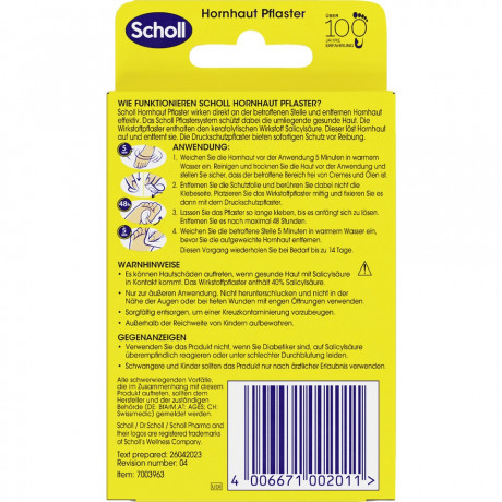 SCHOLL Hornhaut Pflaster, 4 St, Шолль Пластырь от натоптышей, салициловая кислота, 4 шт