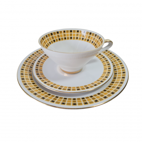 Чайное трио винтажное Seltmann Weiden K. Bavaria с черно-желтым клетчатым декором, фарфор, Германия, 1960-70гг.