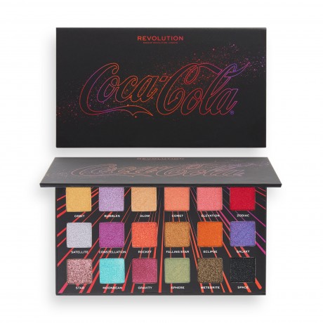 Makeup Revolution Coca Cola Eyeshadow Palette, Мейкап Революшион Коллекция Coca Cola Паллетка теней, 18 оттенков, ограниченный выпуск