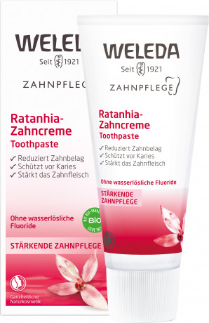 WELEDA ZAHNPFLEGE Ratanhia Zahncreme, 75 ml, Зубная паста Ratanhia с ратанией для ухода за дёснами, без водорастворимых фторидов, 75 мл