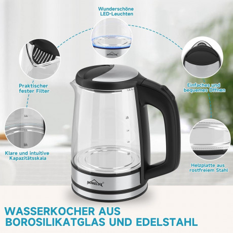 HOMELUX HOMELUX Wasserkocher Wasserkocher Glas 1500 Watt 1,8 L, Electric Kettle Mit Led-Beleuchtung, 1.8 l, 1500,00 W, Glas wasserkocher Edelstahl, Wasser Kocher Bpa Frei, 360° Basis  HOMELUX Стеклянный чайник 1500 Вт, 1,8 л, Электрический чайник со свето