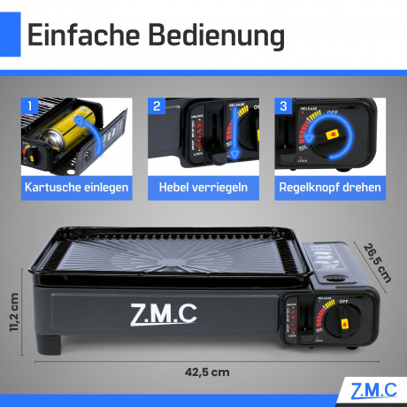 ZMC ZMC Gaskocher 2-in-1 Gaskocher inkl. Zubehor einflammiger Camping-Kocher, (mit Grillplatte + Grillrost, stufenlos regulierbar, Tischgrill), mit Tragekoffer, 3,8kg, Piezo-Zundung Warmeleistung: 2,2KW  Газовая плита ZMC Газовая плита 2-в-1, включая аксе