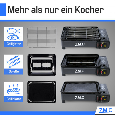 ZMC ZMC Gaskocher 2-in-1 Gaskocher inkl. Zubehor einflammiger Camping-Kocher, (mit Grillplatte + Grillrost, stufenlos regulierbar, Tischgrill), mit Tragekoffer, 3,8kg, Piezo-Zundung Warmeleistung: 2,2KW  Газовая плита ZMC Газовая плита 2-в-1, включая аксе