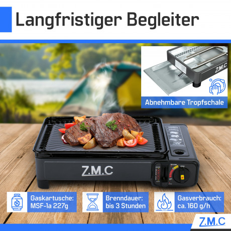 ZMC ZMC Gaskocher 2-in-1 Gaskocher inkl. Zubehor einflammiger Camping-Kocher, (mit Grillplatte + Grillrost, stufenlos regulierbar, Tischgrill), mit Tragekoffer, 3,8kg, Piezo-Zundung Warmeleistung: 2,2KW  Газовая плита ZMC Газовая плита 2-в-1, включая аксе