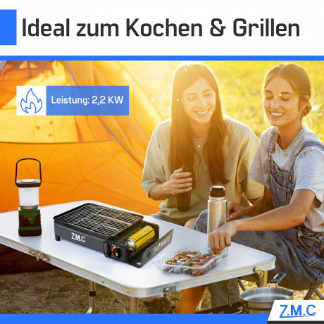 ZMC ZMC Gaskocher 2-in-1 Gaskocher inkl. Zubehor einflammiger Camping-Kocher, (mit Grillplatte + Grillrost, stufenlos regulierbar, Tischgrill), mit Tragekoffer, 3,8kg, Piezo-Zundung Warmeleistung: 2,2KW  Газовая плита ZMC Газовая плита 2-в-1, включая аксе