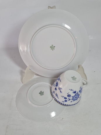 Набор для чая с синим растительным декором Seltmann Weiden Bavaria винтажный, чайное трио, 4 штуки, фарфор, Германия, 1960-70гг.