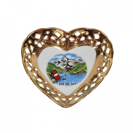 Тарелка декоративная винтажная RZ Austria в форме сердца с изображением Целль-ам-Зее, позолоченный ободок, фарфор, 10 х 9 см, Австрия, 1960-70гг.