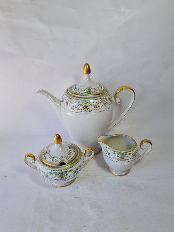 Набор для чая винтажный Tirschenreuther / Hutschenreuther Gruppe с зеленым узором, фарфор, Германия, 1960-70гг.