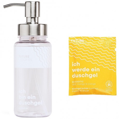 FUTURE STORIES Starterset Duschgel Pulver Mango & Orange inkl. Pumpspender  Стартовый набор геля для душа в виде порошка манго и апельсина, включая дозатор с помпой