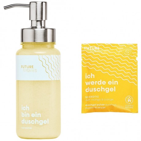 FUTURE STORIES Starterset Duschgel Pulver Mango & Orange inkl. Pumpspender  Стартовый набор геля для душа в виде порошка манго и апельсина, включая дозатор с помпой