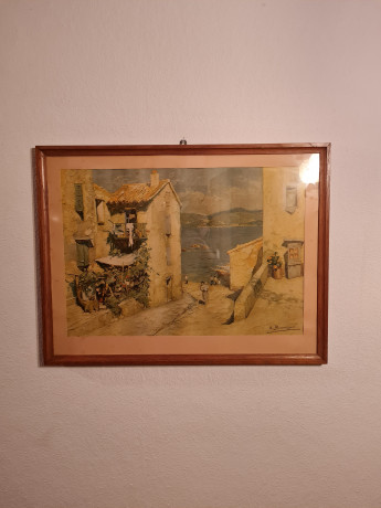 Картина винтажная /  репродукция E.Beauggier "Домик у моря", 66 х 50.5 см, Германия, 1980-90гг.