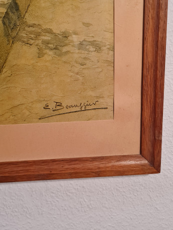 Картина винтажная /  репродукция E.Beauggier "Домик у моря", 66 х 50.5 см, Германия, 1980-90гг.