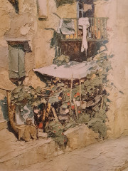 Картина винтажная /  репродукция E.Beauggier &quot;Домик у моря&quot;, 66 х 50.5 см, Германия, 1980-90гг.