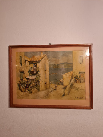 Картина винтажная /  репродукция E.Beauggier "Домик у моря", 66 х 50.5 см, Германия, 1980-90гг.