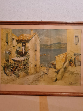 Картина винтажная /  репродукция E.Beauggier "Домик у моря", 66 х 50.5 см, Германия, 1980-90гг.