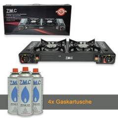ZMC ZMC Gaskocher Doppel Kartuschenkocher Gaskocher 2 Flammig + 4x Gaskartuschen 227g, (mit automatische Piezo-Zundung Warmeleistung: 2,3KW), Outdoor Gas Campingkocher 2Fach Gasherd Ofen Butan Kochfeld Gas Kocher  Газовая плита ZMC с двойным картриджем, г