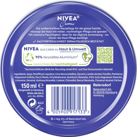 NIVEA Creme, 150 ml, Нивеа Классический крем в банке, пантенол и ланолин, глубокое питание, для всей семьи, 150 мл